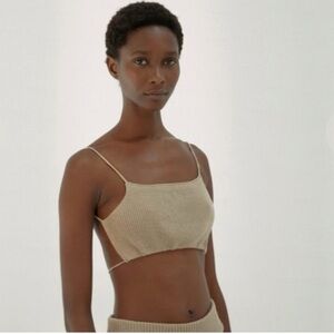 Monica Cordera Knit Tie Backless Crop Linen Top Beige Knit